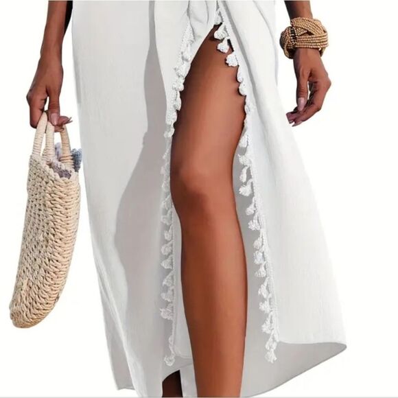 New Elegant White Halter Saronge Fringe Tassel Swimsuit Cover-Up - Picture 6 of 11